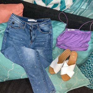 Jeans , blouse, high heels